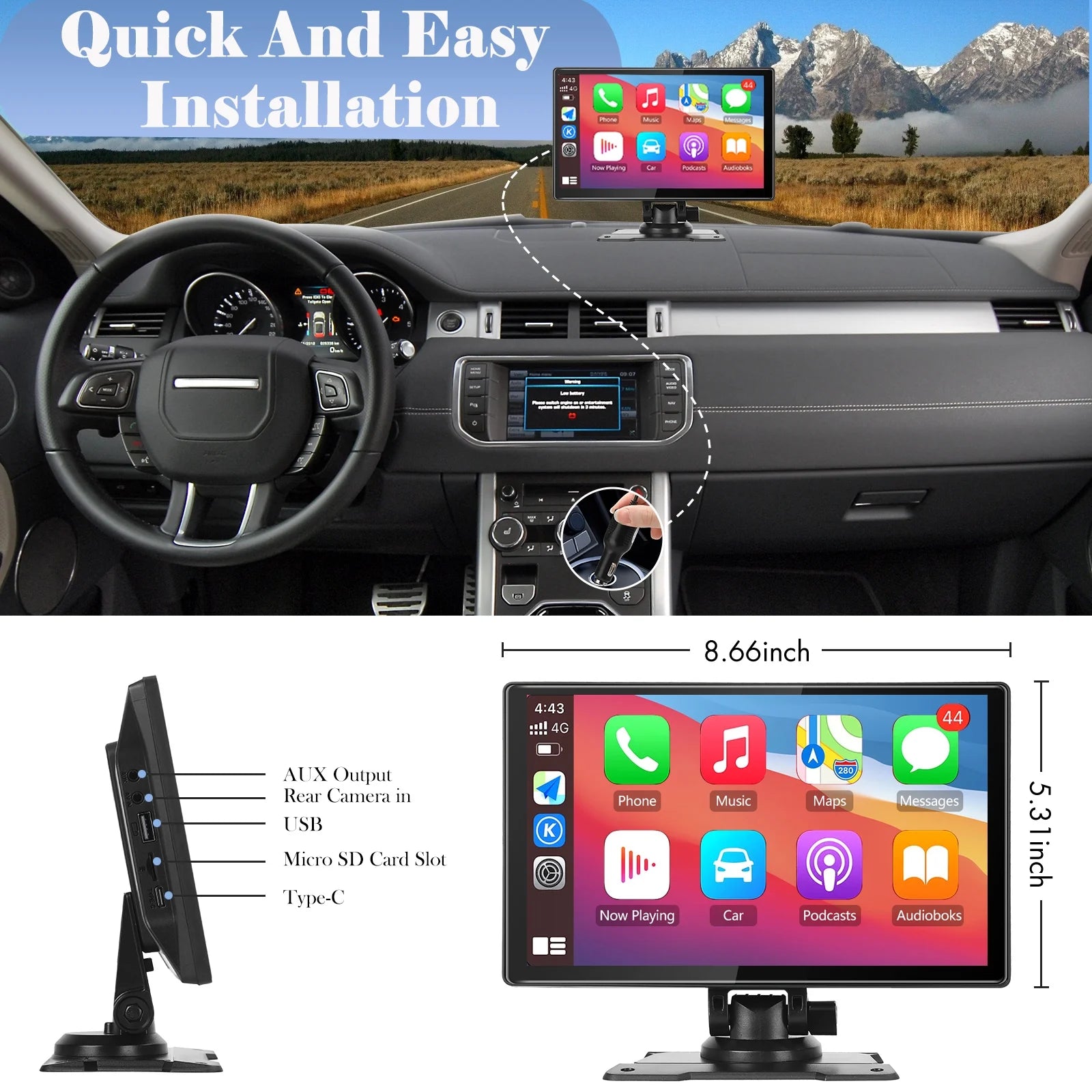 Portable Car Stereo with Apple Carplay, 9 Inch Wireless Touchscreen with Android Auto, Backup Camera, GPS Navigation, Siri/Google, FM