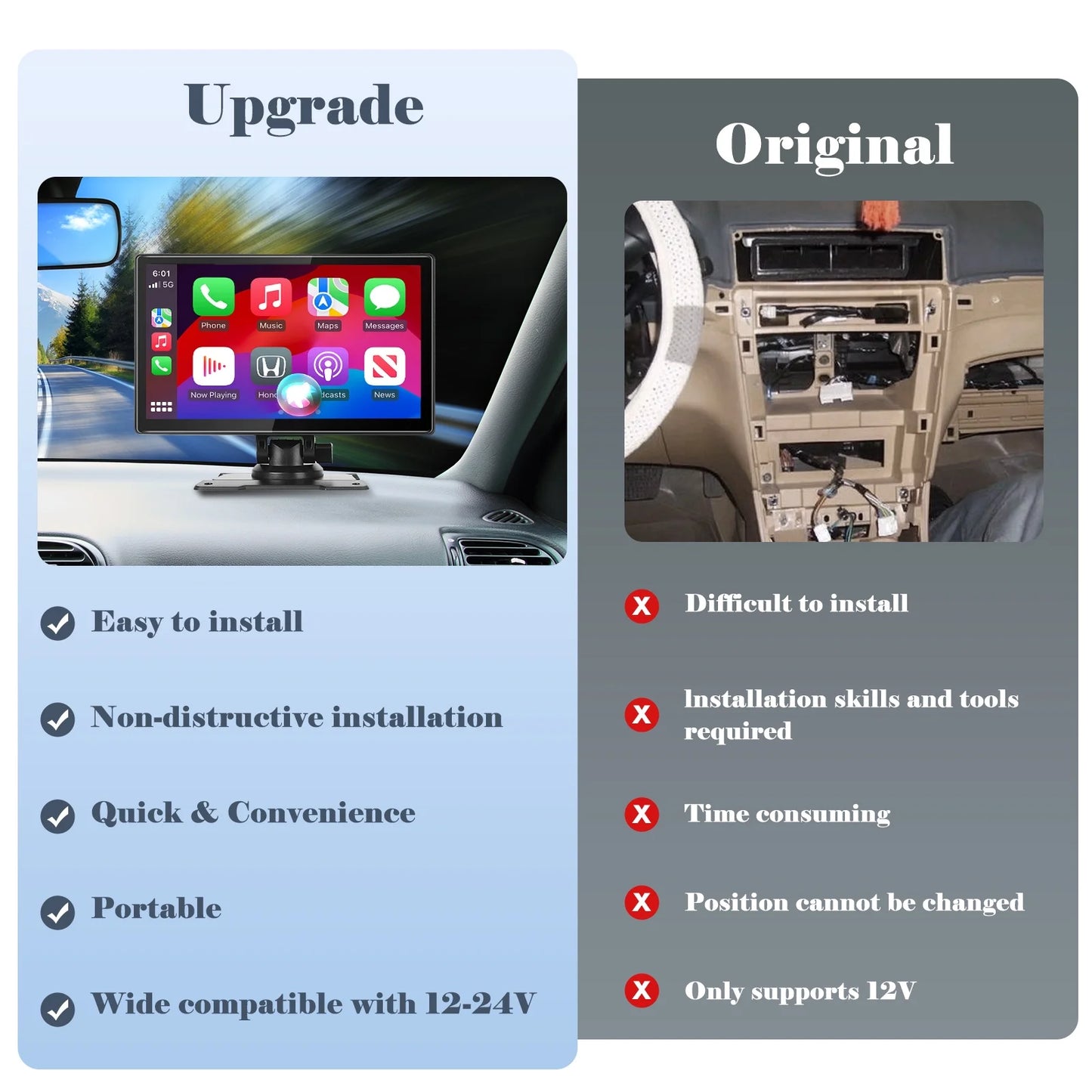 Portable Car Stereo with Apple Carplay, 9 Inch Wireless Touchscreen with Android Auto, Backup Camera, GPS Navigation, Siri/Google, FM