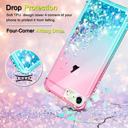 Iphone SE 2020 Case, Iphone 6/6S/7/8 Case with HD Screen Protector for Girls Women, Cute Clear Gradient Glitter Liquid TPU Slim Phone Case for Apple Iphone SE 2020/6/6S/7/8 Pink/Teal