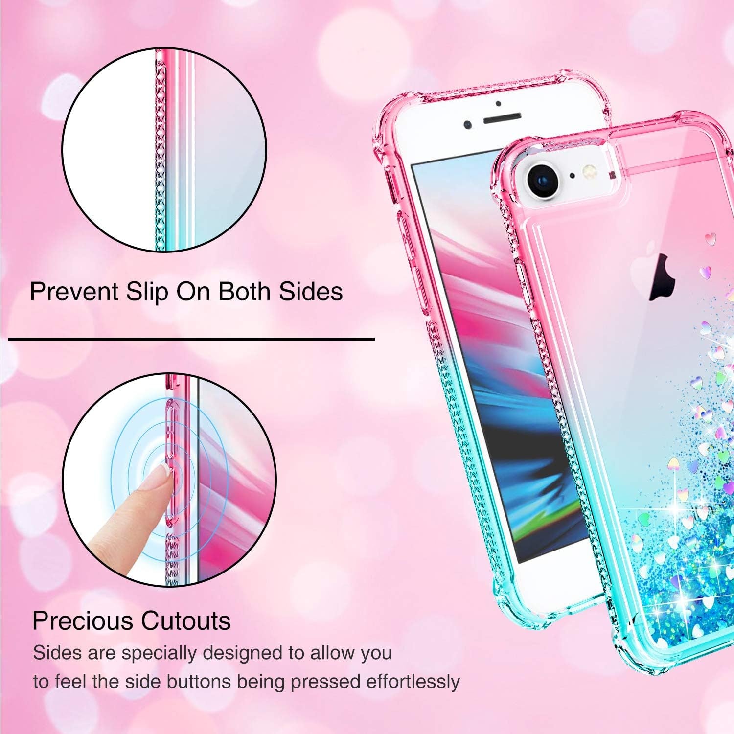 Iphone SE 2020 Case, Iphone 6/6S/7/8 Case with HD Screen Protector for Girls Women, Cute Clear Gradient Glitter Liquid TPU Slim Phone Case for Apple Iphone SE 2020/6/6S/7/8 Pink/Teal